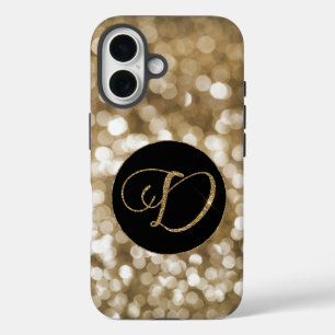 Funda iPhone 16 Dreamy Bokeh Gold Purpurina Letra D Monograma Negr