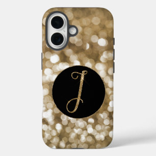 Funda iPhone 16 Dreamy Bokeh Gold Purpurina Letra I Monograma Negr