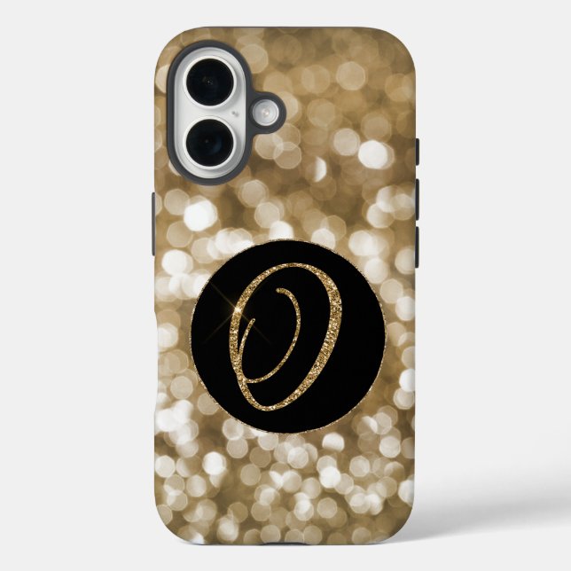 Funda iPhone 16 Dreamy Bokeh Gold Purpurina Letra O Monograma Negr (Reverso )