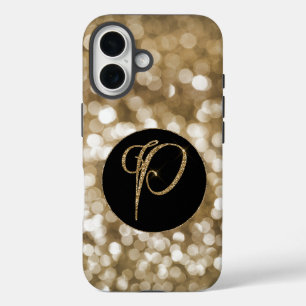 Funda iPhone 16 Dreamy Bokeh Gold Purpurina Letra P Monograma Negr