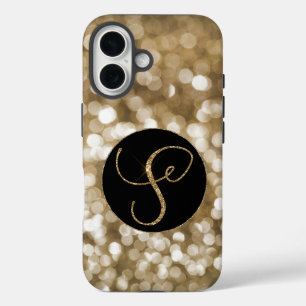 Funda iPhone 16 Dreamy Bokeh Gold Purpurina Letra S Monograma Negr
