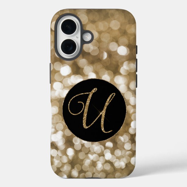 Funda iPhone 16 Dreamy Bokeh Gold Purpurina Letra U Monograma Negr (Reverso )