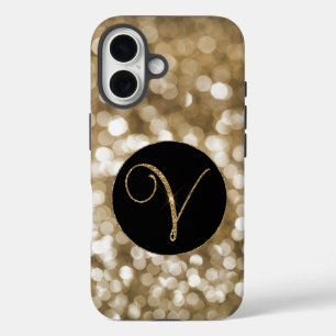 Funda iPhone 16 Dreamy Bokeh Gold Purpurina Letra V Monograma Negr