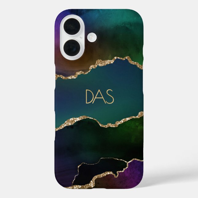 Funda iPhone 16 Edgy Agate | Monograma Verde azulado del tono de l (Reverso )