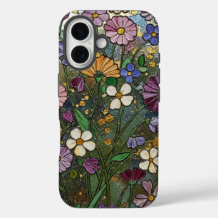 Funda iPhone 16 Efecto de vidrio con manchas de flores salvajes au