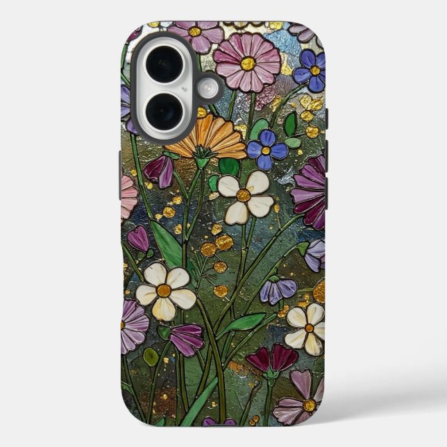 Funda iPhone 16 Efecto de vidrio con manchas de flores salvajes au (Reverso )