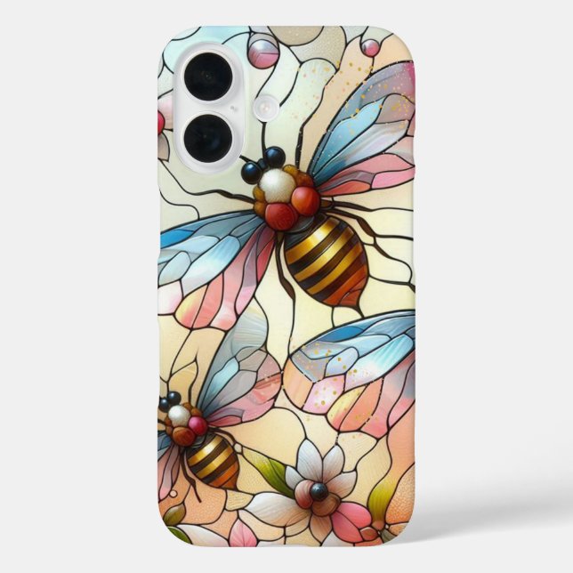 Funda iPhone 16 Efecto de vidrio emplomado con abejas (Reverso )