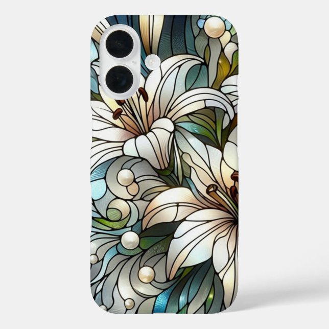 Funda iPhone 16 Efecto de Vidrio Emplomado con Lirios Blancos (Reverso )
