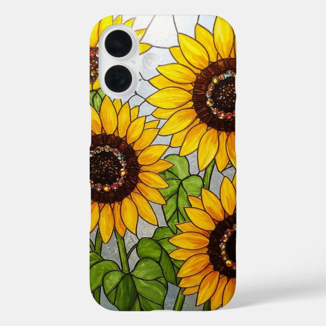 Funda iPhone 16 Efecto de vidrio manchado de girasoles (Reverso )