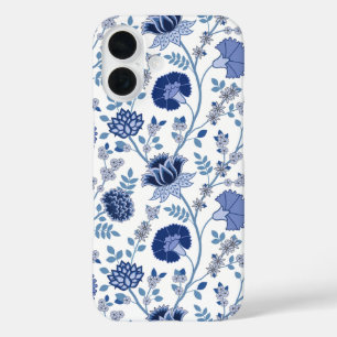 Funda iPhone 16 El azul del gran patrón de flores jacobeas en blan