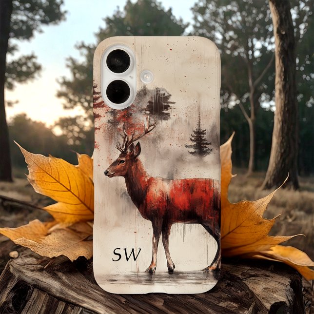 Funda iPhone 16 El ciervo rojo en el bosque monogramado (Subido por el creador)