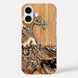Funda iPhone 16 El diseño de la Gran Ola de Hokusai en madera de b