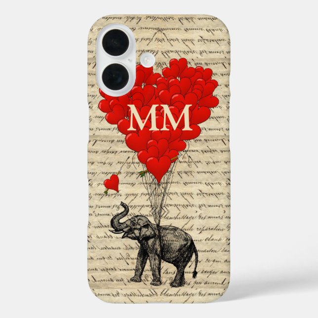 Funda iPhone 16 El elefante romántico monogramado y el corazón (Reverso )