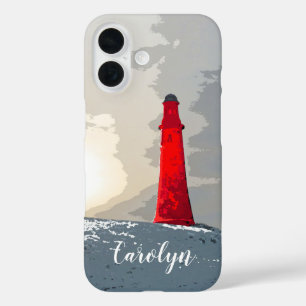 Funda iPhone 16 El faro rojo en la nieve, personalizado