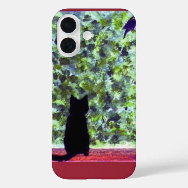 Funda iPhone 16 ¡El gato Art Black Cat Bird Watching! (Reverso )