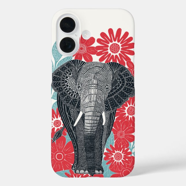 Funda iPhone 16 elefante folclórico rojo (Reverso )