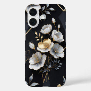 Funda iPhone 16 Elegancia floral - negro mate con oro y plata