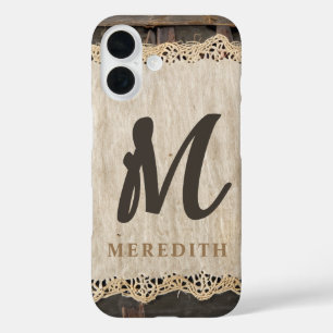 Funda iPhone 16 Elegancia Rusa Monograma Burlap Lace Barnwood