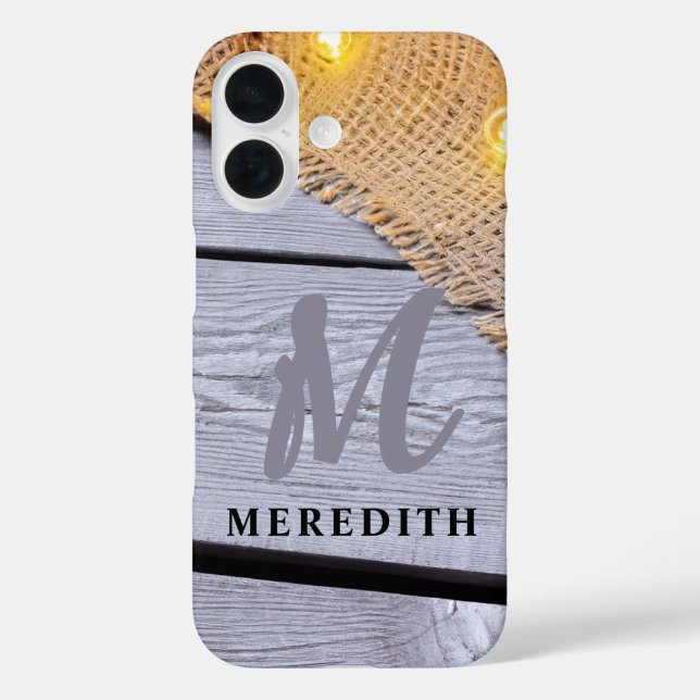Funda iPhone 16 Elegancia Rústica Nombre y Monograma de la Burlap  (Reverso )