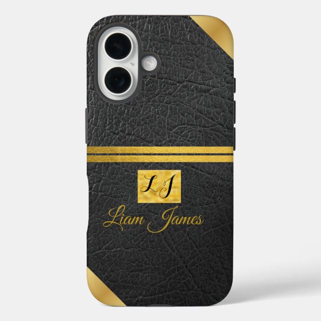 Funda iPhone 16 Elegant black leather gold monogram custom name (Reverso )