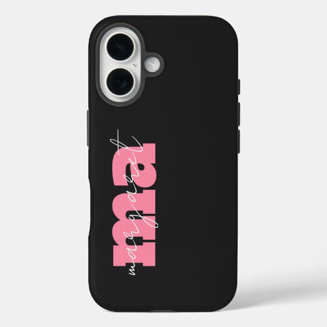 Funda iPhone 16 Elegant Black pink monogram initial script name (Reverso )