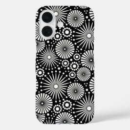 Funda iPhone 16 Elegant Black White Geometric Flowers Starburst