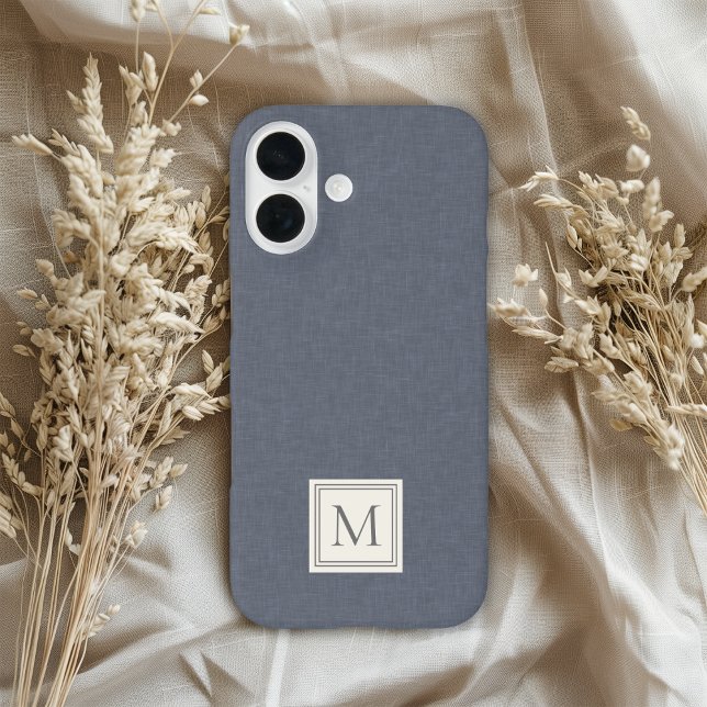 Funda iPhone 16 Elegant Minimalist Blue Gray Faux Linen Monogram (Subido por el creador)