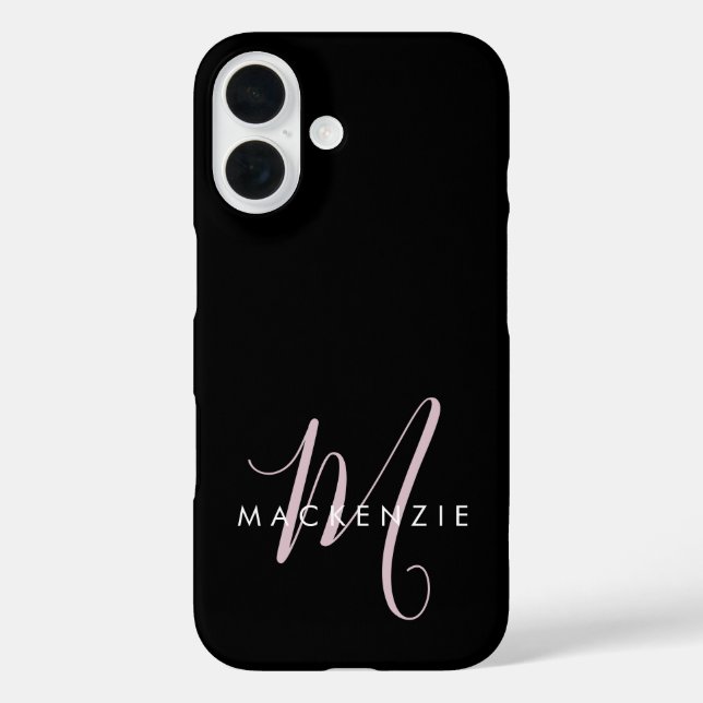 Funda iPhone 16 Elegant Modern Black Blush Pink Script Monogram (Reverso )
