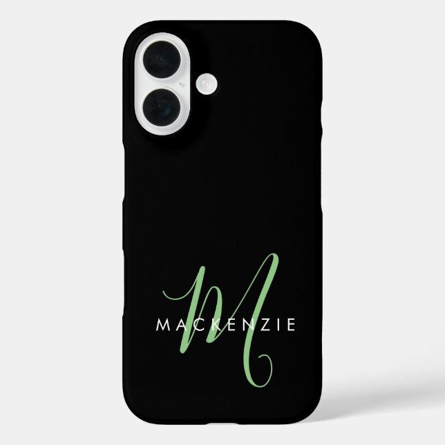 Funda iPhone 16 Elegant Modern Black Green Script Monogram (Reverso )