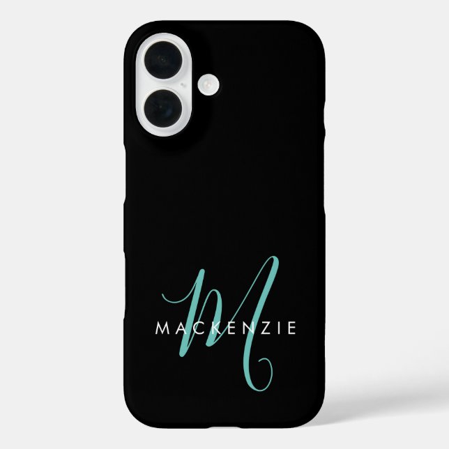Funda iPhone 16 Elegant Modern Black Teal Script Monogram (Reverso )