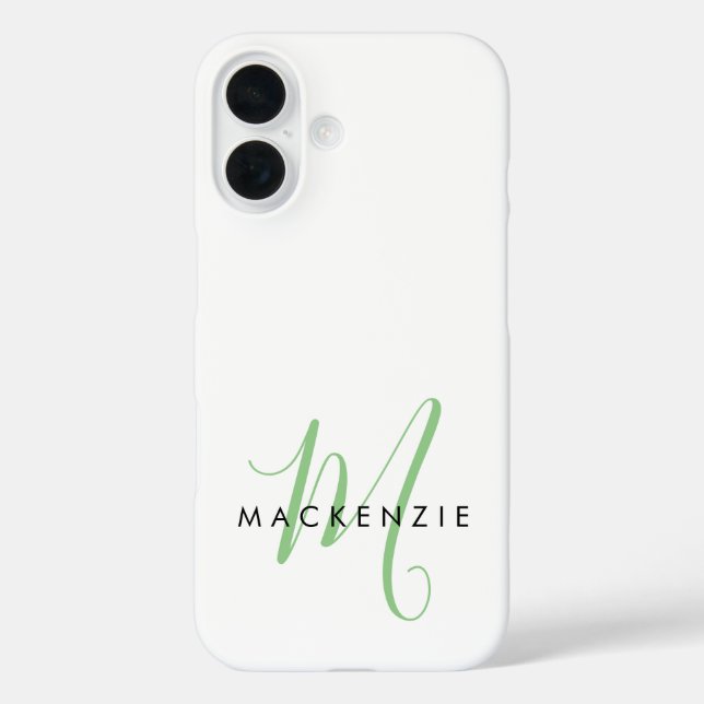 Funda iPhone 16 Elegant Modern White Green Script Monogram (Reverso )