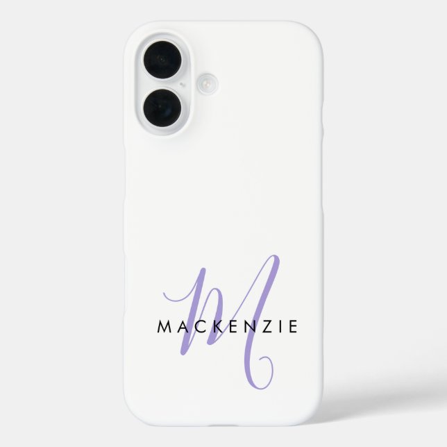 Funda iPhone 16 Elegant Modern White Lavender Script Monogram (Reverso )