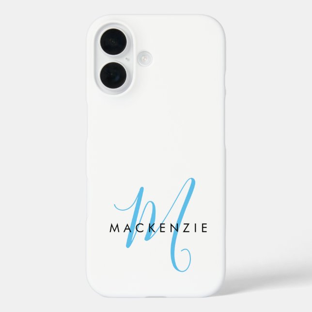 Funda iPhone 16 Elegant Modern White Sky Blue Script Monogram (Reverso )