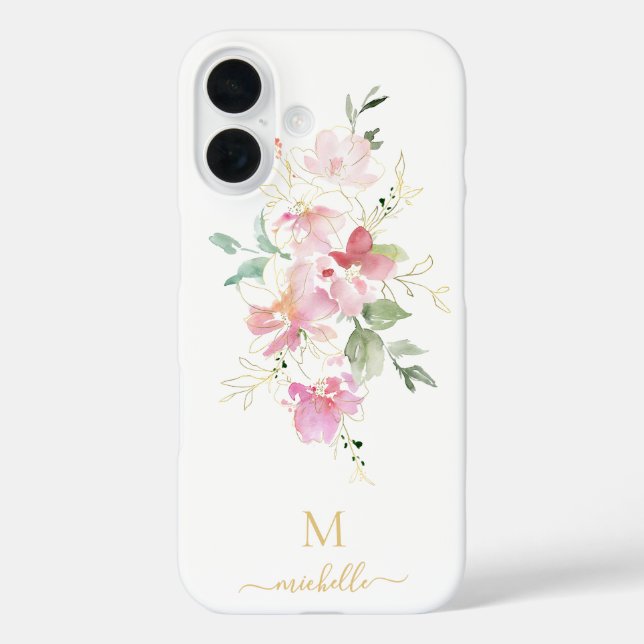 Funda iPhone 16 Elegant Pink Floral Gold Script Monogram (Reverso )
