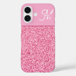 Funda iPhone 16 Elegant Pink Glitter Monogram with Name Script