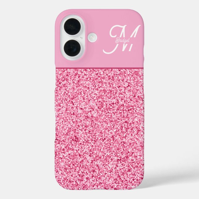 Funda iPhone 16 Elegant Pink Glitter Monogram with Name Script (Reverso )