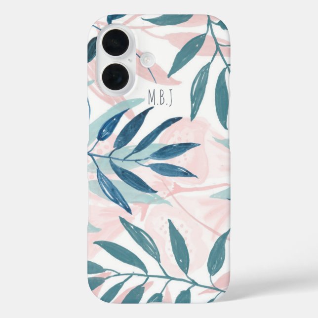 Funda iPhone 16 Elegante acuarela Pastel Leaves Monograma (Reverso )