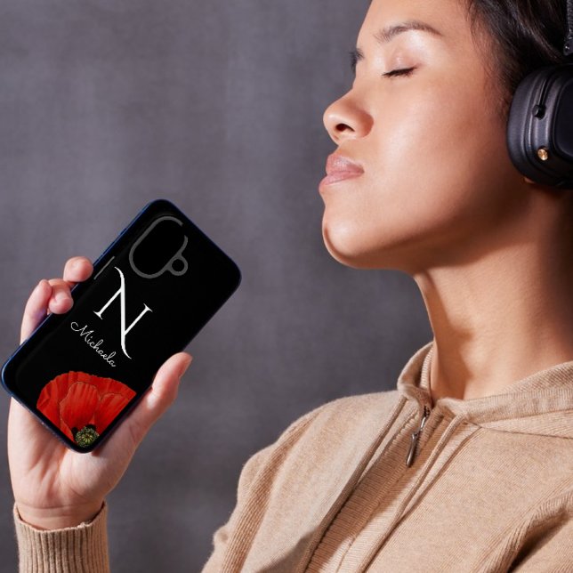 Funda iPhone 16 Elegante adormidera roja monogramada en negro (Subido por el creador)