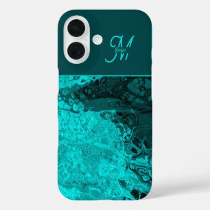 Funda iPhone 16 Elegante Aqua Verde azulado audaz Monograma de gui