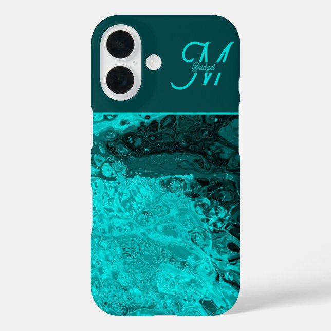 Funda iPhone 16 Elegante Aqua Verde azulado audaz Monograma de gui (Reverso )