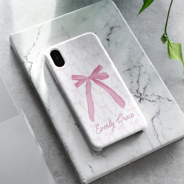 Funda iPhone 16 Elegante arco de cinta estética rosada personaliza (Chic Pink Ribbon bows pattern custom phone case.)