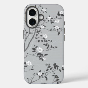Funda iPhone 16 Elegante Arte Gris Floreciente Personalizado