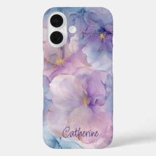 Funda iPhone 16 Elegante azul morado con nombre floral dorado