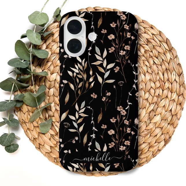 Funda iPhone 16 Elegante Buho Rústico Marrón Floral Botánico (Close up)