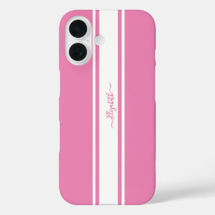 Funda iPhone 16 Elegante Carreras blanca rosada Bandas Monogramada