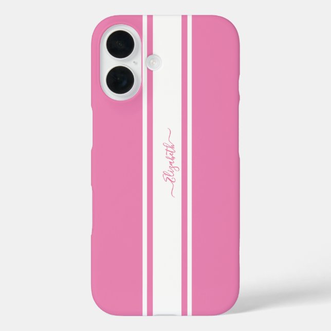 Funda iPhone 16 Elegante Carreras blanca rosada Bandas Monogramada (Reverso )