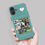 Funda iPhone 16 Elegante collage de fotografías en monograma 9<br><div class="desc">Añade nueve imágenes familiares,  niños,  mascotas o mejores amigos y crea tu propio hermoso estuche de fotos con tu nombre de monograma inicial dentro de un corazón blanco sobre un verde azulado fondo femenino verde.            Fácil de personalizar con las imágenes cuadradas y la letra de su personalizado</div>