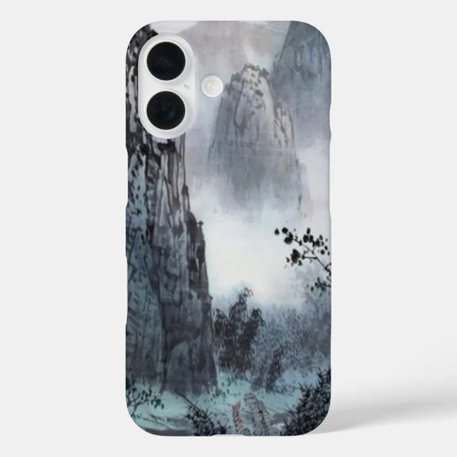 Funda iPhone 16 Elegante diseño de montaña y niebla (Reverso )