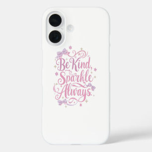 Funda iPhone 16 Elegante escritura con destellos rosados y morados