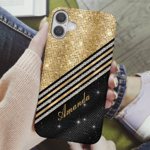 Funda iPhone 16 Elegante falso Crystal Gold y negro personalizado
